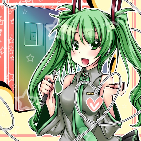 Anime picture 1200x1200 with vocaloid hatsune miku pako (moto paco) long hair looking at viewer blush open mouth twintails bare shoulders green eyes green hair girl detached sleeves necktie star (symbol) pen