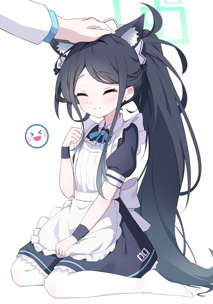 Anime picture 2100x3000 with blue archive sensei (blue archive) aris (blue archive) aris (maid) (blue archive) exusiai dust tall image blush highres black hair smile sitting ponytail eyes closed very long hair maid official alternate costume wariza solo focus ^ ^ kemonomimi mode