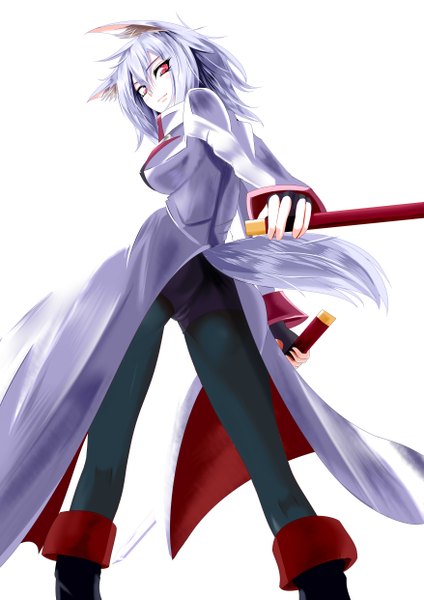 Anime picture 3508x4961 with touhou inubashiri momiji oddo-eye single tall image highres short hair simple background red eyes white background animal ears absurdres silver hair animal tail looking back girl weapon sword katana suit
