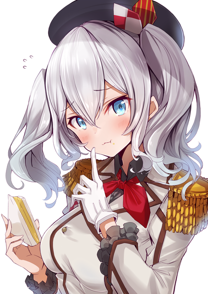 Anime picture 2149x3035 with kantai collection kashima training cruiser fuku kitsune (fuku fox) single tall image looking at viewer blush fringe highres short hair breasts blue eyes simple background hair between eyes white background twintails holding payot silver hair upper body