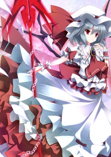 Anime picture 1748x2480 with touhou remilia scarlet kurono yuzuko single tall image highres short hair red eyes silver hair girl weapon hat chain spear the gungnir