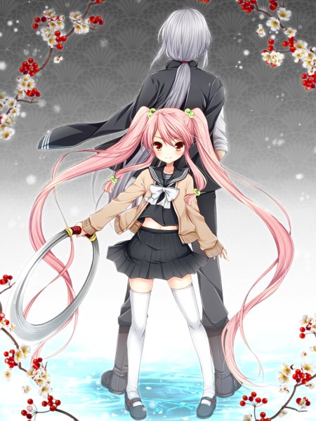 Anime picture 960x1280 with original asazuki kanai tall image looking at viewer blush smile red eyes twintails pink hair very long hair grey hair loli girl thighhighs boy skirt flower (flowers) white thighhighs food berry (berries)