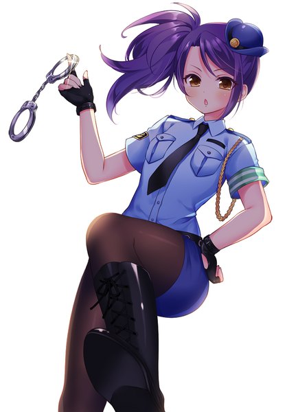 Anime picture 700x1005 with puri para pretty (series) toudou shion mitsuba choco single long hair tall image blush open mouth simple background white background brown eyes purple hair :o hand on hip side ponytail police policewoman girl gloves