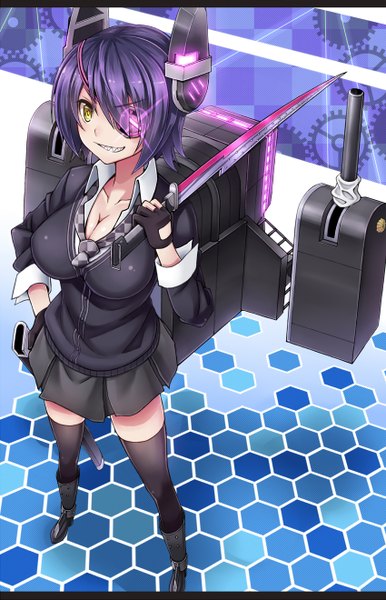 Anime picture 850x1320 with kantai collection tenryuu light cruiser junnkinn single tall image fringe short hair breasts large breasts holding yellow eyes cleavage purple hair full body from above teeth grin sharp teeth mecha musume girl