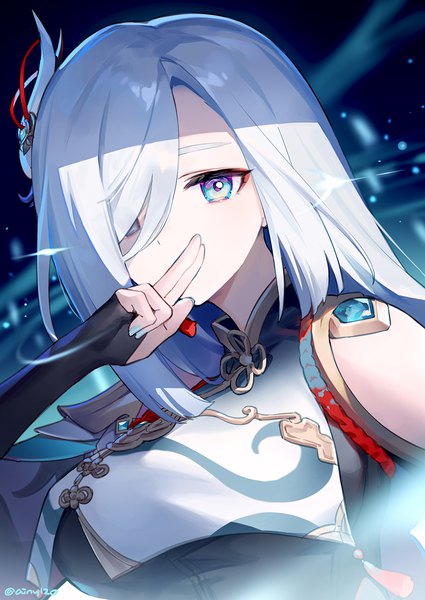 Anime picture 1200x1694 with genshin impact shenhe (genshin impact) ainy single long hair tall image looking at viewer fringe blue eyes signed silver hair upper body hair over one eye twitter username covered mouth girl