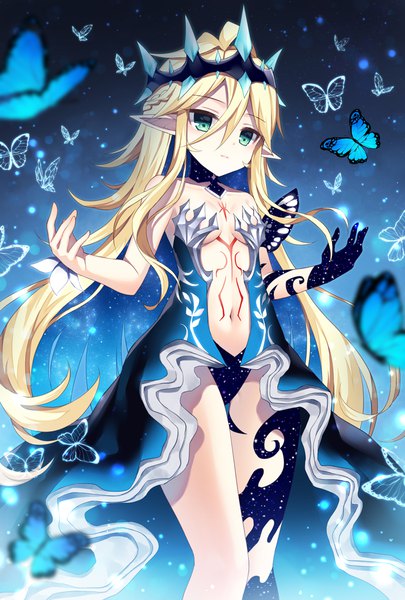 Anime picture 800x1184 with original vivi (ac8231) mauve single long hair tall image fringe light erotic blonde hair hair between eyes green eyes looking away multicolored hair pointy ears colored inner hair expressionless double exposure girl navel insect