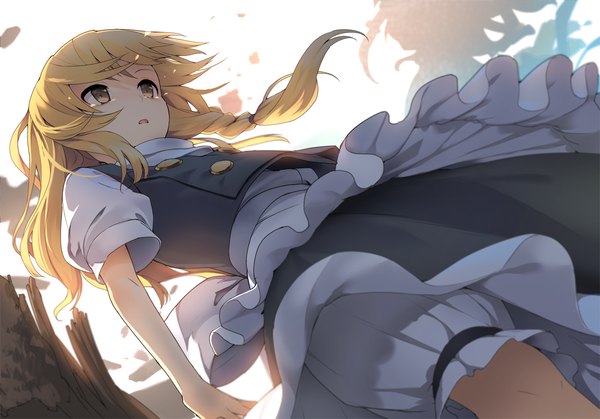 Anime picture 1296x906 with touhou kirisame marisa eho (icbm) single long hair fringe open mouth blonde hair yellow eyes looking away sky braid (braids) wind from below single braid sunrise no hat girl skirt buttons