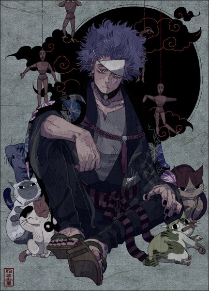 Anime picture 580x804 with boku no hero academia studio bones shinsou hitoshi nekodou (yukatin1000) single tall image looking at viewer short hair sitting purple eyes signed purple hair cloud (clouds) full body nail polish traditional clothes japanese clothes floral print striped expressionless