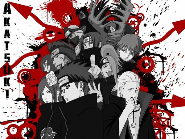 Anime picture 1024x768 with naruto studio pierrot naruto (series) uchiha itachi uchiha obito tobi deidara sasori konan hidan hoshigaki kisame kakuzu zetsu orochimaru monochrome group akatsuki everyone rinnegan directional arrow