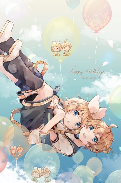 Anime picture 1101x1661 with vocaloid vocaloid append kagamine rin kagamine len kagamine rin (append) kagamine len (append) kagamine rin (vocaloid4) kagamine len (vocaloid4) sazanami (ripple1996) tall image short hair blue eyes blonde hair sky cloud (clouds) full body ahoge hug dated siblings