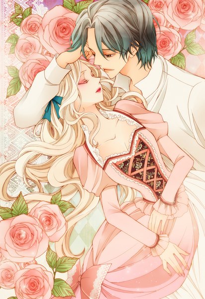 Anime picture 800x1163 with original sizh long hair tall image short hair blonde hair brown eyes lying eyes closed profile multicolored hair light smile grey hair aqua hair grey eyes couple hug lipstick gradient hair open collar