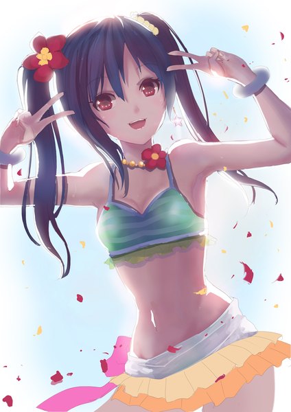 Anime picture 800x1131 with love live! school idol project sunrise (studio) love live! yazawa nico tenko single long hair tall image looking at viewer open mouth black hair simple background smile hair between eyes red eyes twintails bare shoulders :d hair flower arms up