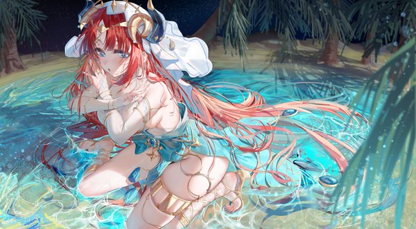 Anime picture 4386x2419 with genshin impact nilou (genshin impact) uaxa2334 single long hair looking at viewer fringe highres breasts open mouth blue eyes light erotic wide image absurdres full body red hair nail polish kneeling partially submerged crossed arms