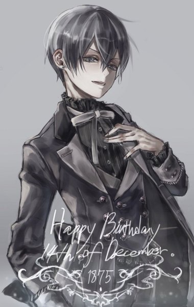 Anime picture 650x1024 with kuroshitsuji a-1 pictures ciel phantomhive gazelle (aircity) single tall image looking at viewer fringe short hair black hair simple background hair between eyes grey background hand on chest happy birthday boy earrings stud earrings