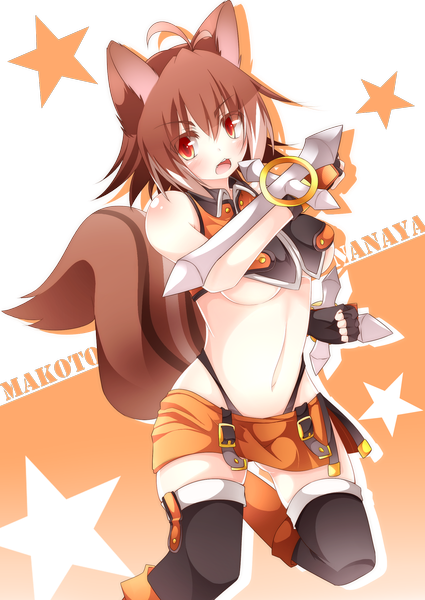 Anime picture 1600x2259 with blazblue makoto nanaya daidai ookami single tall image blush short hair open mouth light erotic red eyes brown hair animal ears tail animal tail character names squirrel tail squirrel ears girl thighhighs gloves