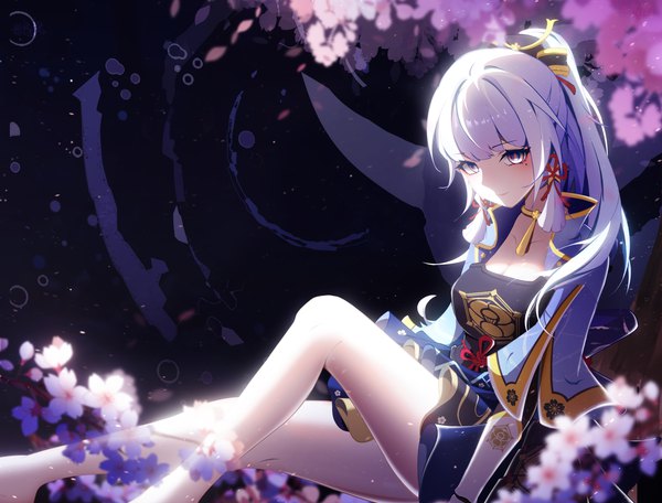 Anime picture 5156x3921 with genshin impact kamisato ayaka zhuchengbi single long hair highres sitting looking away absurdres silver hair ponytail mole bare legs mole under eye cherry blossoms silver eyes girl flower (flowers)