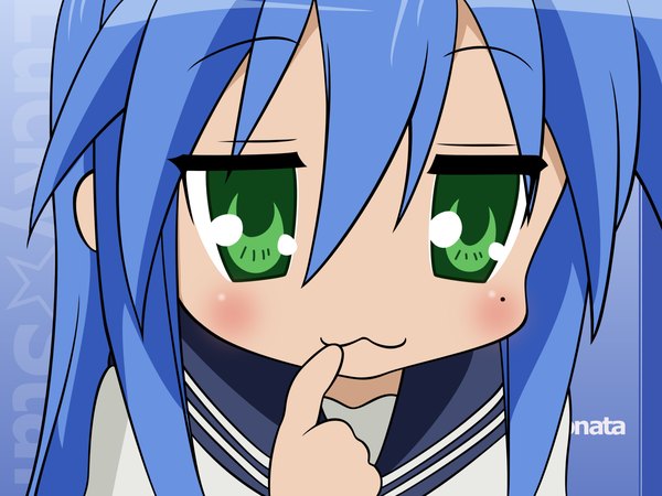 Anime picture 1600x1200 with lucky star kyoto animation izumi konata single long hair blush fringe hair between eyes green eyes payot blue hair looking away upper body mole mole under eye finger to mouth close-up face thinking girl