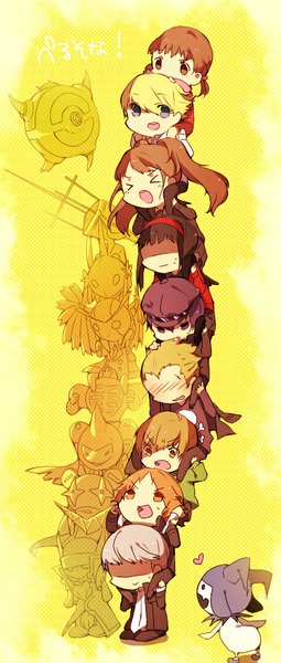 Anime picture 425x1000 with persona 4 persona kujikawa rise satonaka chie amagi yukiko shirogane naoto narukami yuu jack frost (rise of the guardians) seta souji hanamura yousuke kuma (persona 4) tatsumi kanji izanagi dojima nanako long hair tall image blush short hair open mouth blue eyes