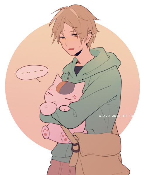 Anime picture 800x975 with natsume yuujinchou brains base (studio) natsume takashi madara (nyanko-sensei) xi yuu single tall image short hair brown hair holding brown eyes signed dated sweatdrop boy animal food hood cat bag