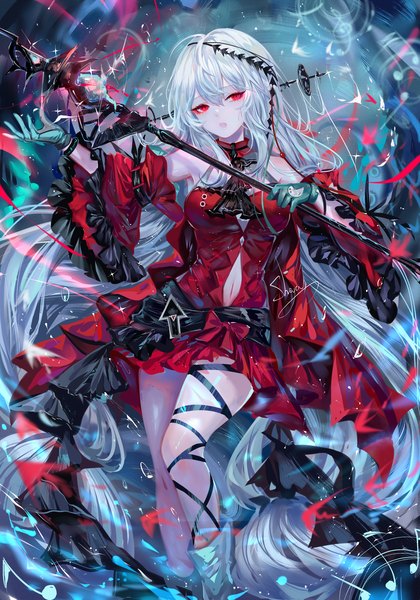 Anime picture 2800x4000 with arknights skadi (arknights) skadi the corrupting heart (arknights) sheya single tall image looking at viewer fringe highres open mouth hair between eyes red eyes bare shoulders holding signed silver hair very long hair head tilt :o official alternate costume