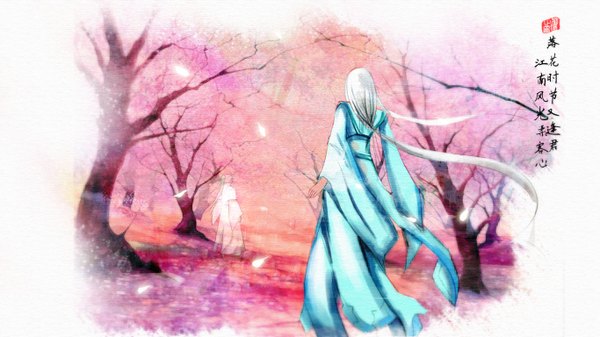 Anime picture 1366x768 with original huachui (artist) long hair wide image multiple girls silver hair ponytail long sleeves japanese clothes wind inscription back spread arms girl 2 girls plant (plants) petals tree (trees) kimono