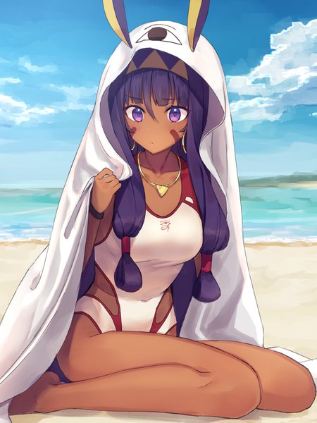 Anime picture 750x1000 with fate (series) fate/grand order nitocris (fate) medjed nitocris (swimsuit assassin) (fate) rimo single long hair tall image blush fringe breasts light erotic hair between eyes sitting purple eyes looking away sky purple hair cloud (clouds)