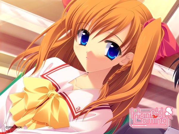 Anime picture 1600x1200 with honey coming kamijou asahi long hair looking at viewer fringe blue eyes hair between eyes game cg upper body braid (braids) orange hair two side up solo focus side braid head out of frame girl boy uniform ribbon (ribbons) hair ribbon