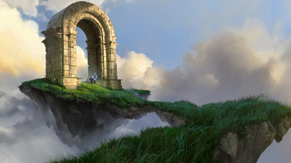 Anime picture 1920x1080 with original quentin mabille single highres wide image sky cloud (clouds) wallpaper knight ambiguous gender floating island plant (plants) animal grass flag horse arch island