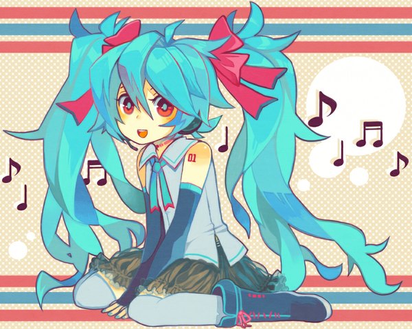 Anime picture 1024x820 with vocaloid hatsune miku tagme (artist) single long hair open mouth red eyes twintails bare shoulders nail polish aqua hair wallpaper kneeling polka dot aqua nail polish girl thighhighs bow hair bow detached sleeves