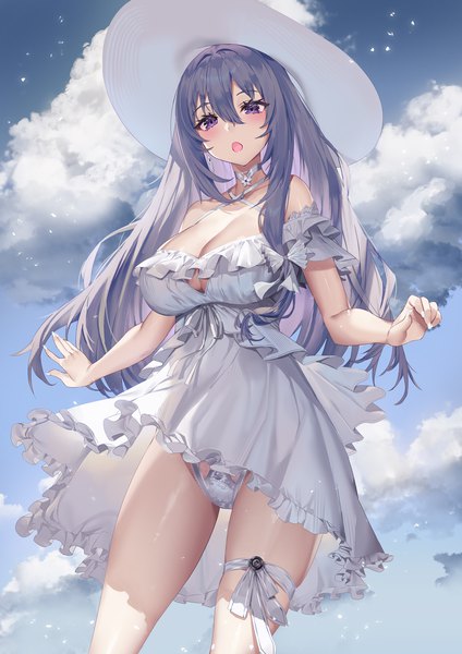 Anime picture 1500x2122 with original yoshimoto (dear life) single long hair tall image looking at viewer blush fringe breasts open mouth light erotic hair between eyes large breasts standing purple eyes blue hair sky cleavage cloud (clouds) outdoors