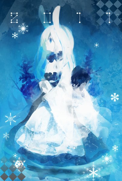 Anime picture 1181x1748 with original shionty single long hair tall image fringe blue eyes animal ears payot looking away white hair traditional clothes japanese clothes profile wide sleeves bunny ears gradient background reflection bunny girl blue background