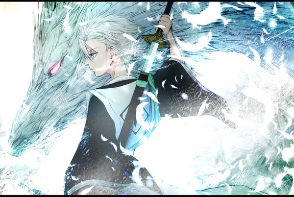 Anime picture 1346x902 with bleach studio pierrot hitsugaya toushirou kuroe (pixiv5268156) single short hair blue eyes looking away silver hair upper body traditional clothes japanese clothes profile letterboxed unsheathing bankai boy weapon sword katana