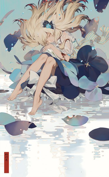 Anime picture 700x1134 with touhou kirisame marisa coralstone single long hair tall image fringe blonde hair sitting holding signed yellow eyes looking away bent knee (knees) very long hair nail polish head tilt barefoot hair flower bare legs