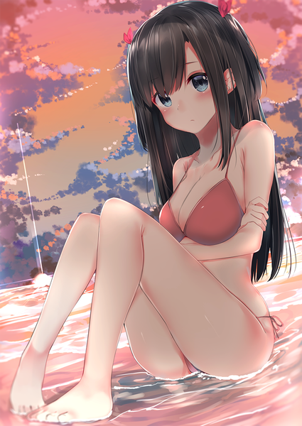 Anime picture 836x1180 with original neku (neku draw) single long hair tall image looking at viewer blush fringe breasts blue eyes light erotic black hair large breasts sitting cleavage cloud (clouds) full body outdoors ass barefoot