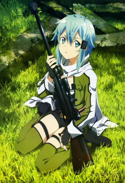Anime picture 4071x5932 with sword art online a-1 pictures animedia asada shino single tall image looking at viewer highres short hair blue eyes blue hair absurdres official art girl thighhighs gloves weapon plant (plants) shorts fingerless gloves