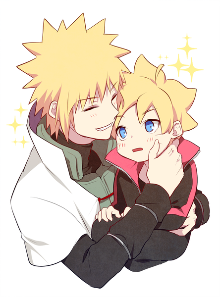 Anime picture 800x1080 with naruto studio pierrot naruto (series) namikaze minato uzumaki boruto nipye tall image blush short hair blue eyes blonde hair simple background smile white background payot ahoge eyes closed parted lips multiple boys teeth