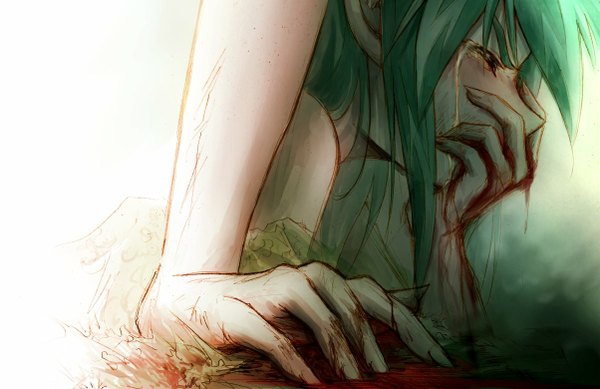 Anime picture 1203x780 with vocaloid hatsune miku tagme (artist) eyes closed green hair tears crying drawing girl