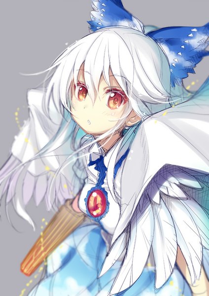 Anime picture 566x800 with touhou reiuji utsuho minamura haruki single long hair tall image looking at viewer blush fringe open mouth simple background red eyes white hair from above grey background angel wings alternate color albino arm cannon alternate hair color