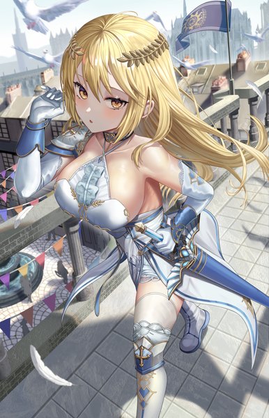 Anime picture 1676x2605 with original silvertsuki single long hair tall image looking at viewer blush fringe breasts open mouth light erotic blonde hair hair between eyes large breasts yellow eyes payot outdoors arm up wind blurry