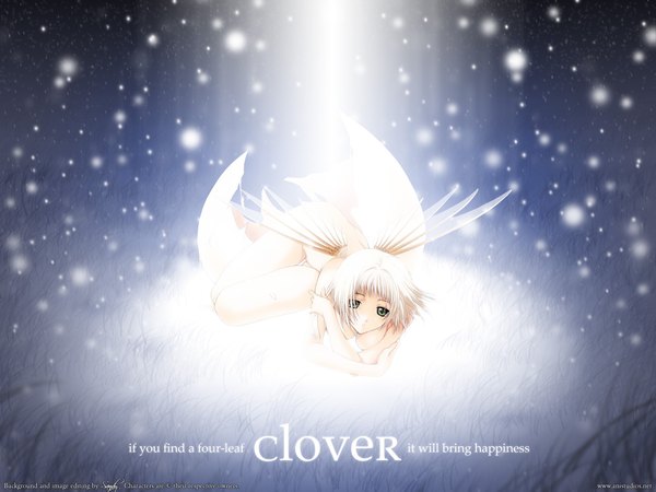Anime picture 1280x960 with clover (manga) clamp suu (clover) suzuhira hiro sandy (artist) single looking at viewer short hair green eyes signed outdoors white hair nude copyright name light snowing third-party edit girl wings clover (plant)