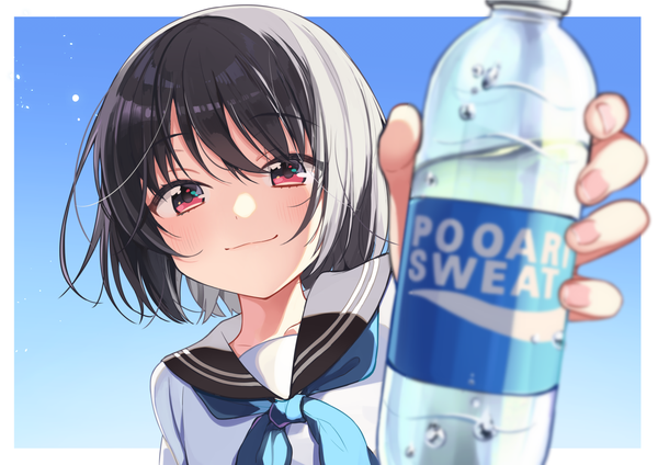 Anime picture 1414x1000 with original pocari sweat shigure ui single looking at viewer blush fringe short hair black hair smile hair between eyes upper body sunlight outstretched arm border blue background brand name imitation girl uniform water