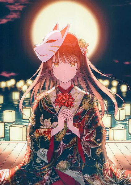 Anime picture 2431x3437 with original hiten (hitenkei) single long hair tall image looking at viewer blush fringe highres brown hair holding yellow eyes blunt bangs traditional clothes parted lips japanese clothes hair flower scan night wide sleeves