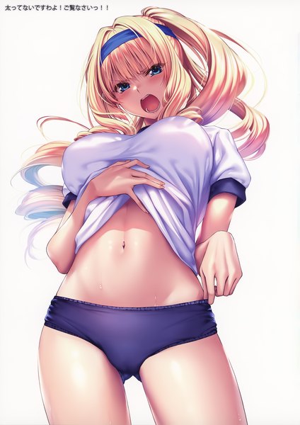 Anime picture 2544x3600 with hanikami kanojo shoudou erena piromizu single long hair tall image looking at viewer blush fringe highres breasts open mouth blue eyes light erotic simple background blonde hair smile large breasts standing white background
