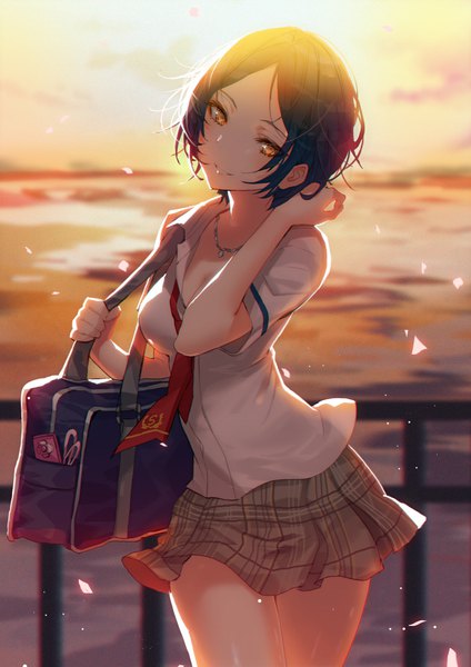 Anime picture 700x990 with idolmaster idolmaster cinderella girls hayami kanade lloule single tall image looking at viewer short hair breasts smile standing cleavage outdoors head tilt pleated skirt wind lips short sleeves orange eyes plaid skirt