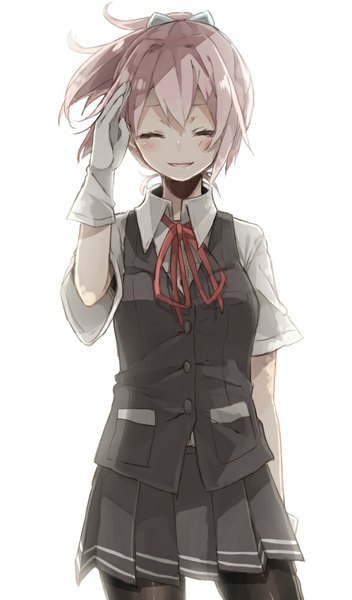 Anime picture 588x1001 with kantai collection shiranui destroyer chibirisu single tall image blush short hair simple background smile white background pink hair ponytail eyes closed wind salute girl gloves uniform school uniform pantyhose