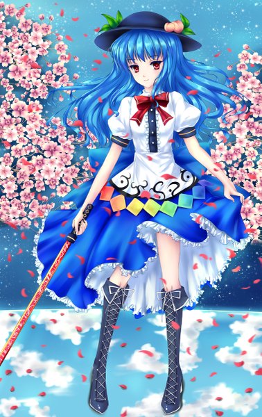 Anime picture 757x1200 with touhou hinanawi tenshi fred0092 single long hair tall image looking at viewer red eyes blue hair girl dress weapon hat petals sword boots hisou no tsurugi