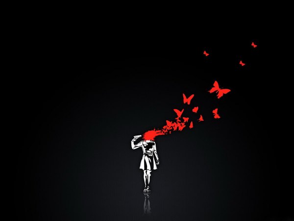 Anime picture 1600x1200 with original jason byron nelson simple background standing holding from behind back black background reflection boy weapon gun insect butterfly blood