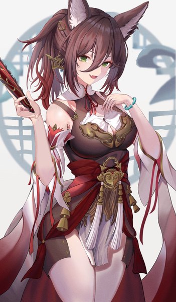 Anime picture 2885x4936 with honkai: star rail honkai (series) tingyun (honkai: star rail) mayo 9 5 single long hair tall image fringe highres breasts open mouth light erotic smile hair between eyes brown hair large breasts white background bare shoulders green eyes animal ears