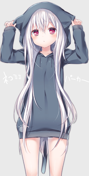 Anime picture 522x1028 with original komeshiro kasu single long hair tall image looking at viewer blush fringe simple background red eyes standing animal ears white hair tail animal tail arm up cat ears grey background cat girl cat tail