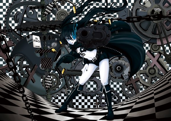 Anime picture 2000x1414 with black rock shooter black rock shooter (character) hebata single long hair highres blue eyes black hair twintails glowing glowing eye (eyes) girl navel weapon shorts boots gun cape chain cross